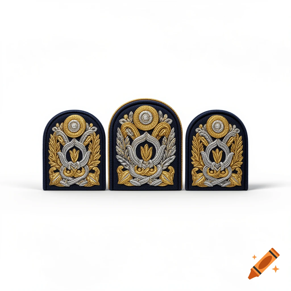 Three ornate gold and silver embroidered military insignia on a white background.