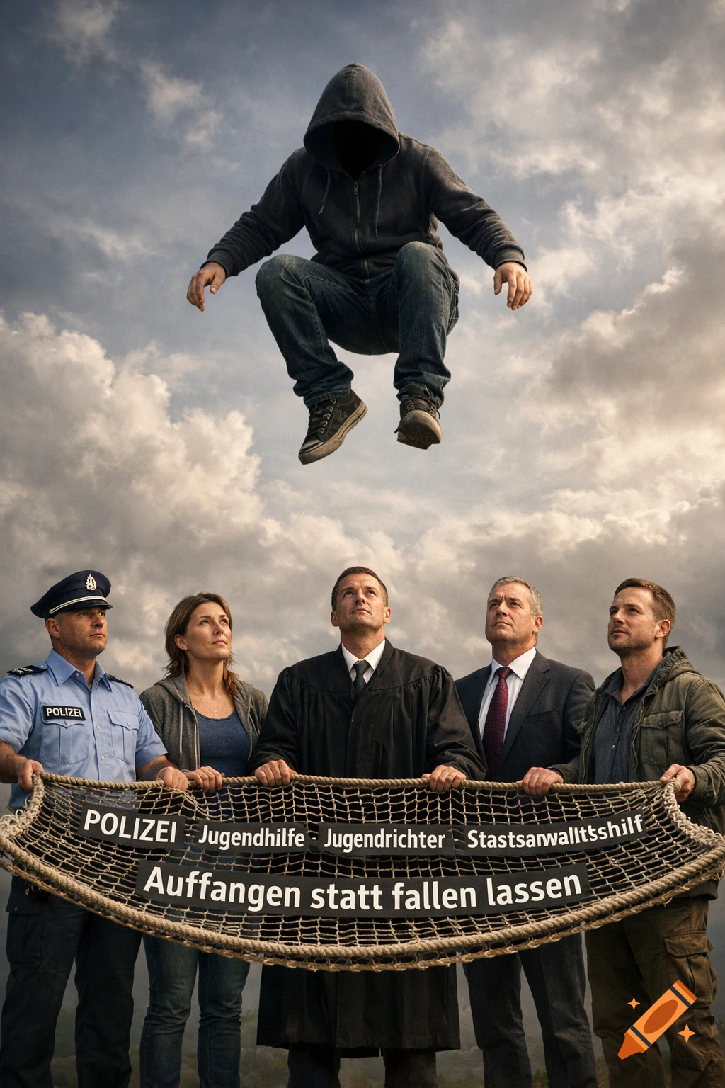 Five adults, including a police officer and judge, hold a net below a hooded figure jumping from the sky. Text on the net reads "POLIZEI Jugendhilfe Jugendrichter Staatsanwalttshilf" and "Auffangen statt fallen lassen." Photorealistic style.