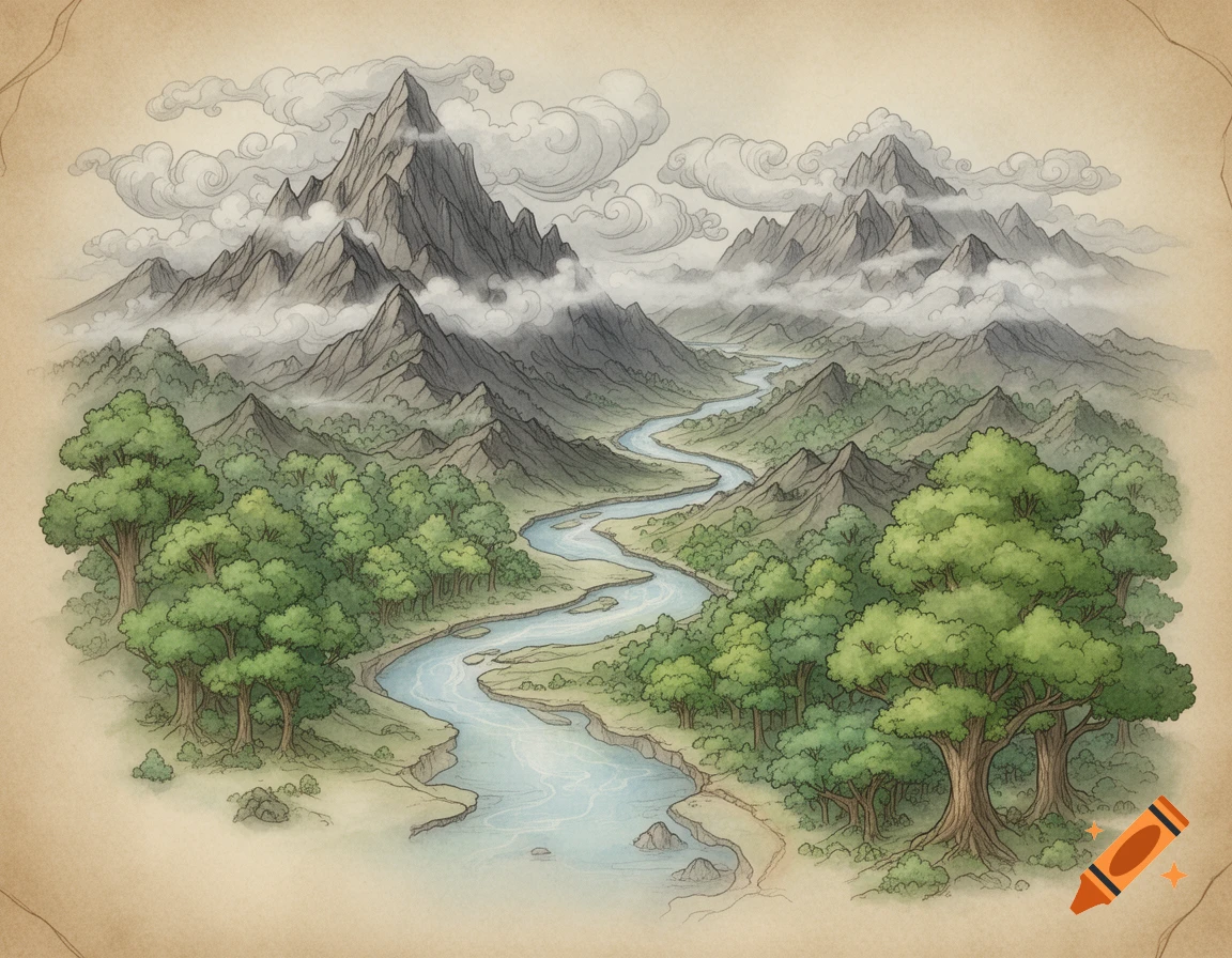 Hand-drawn fantasy map on aged parchment showing mountains, a winding river, and lush forests in soft watercolor tones.