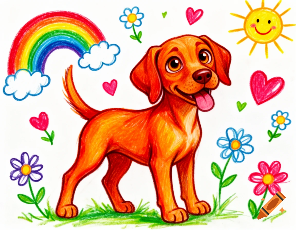 A colorful crayon drawing of a happy brown dog standing in green grass under a rainbow and a smiling sun, surrounded by hearts and flowers.