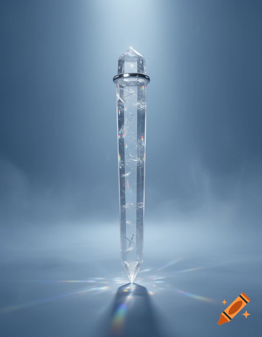 A clear, faceted rock crystal obelisk stands upright on a reflective blue surface, casting colorful light refractions.