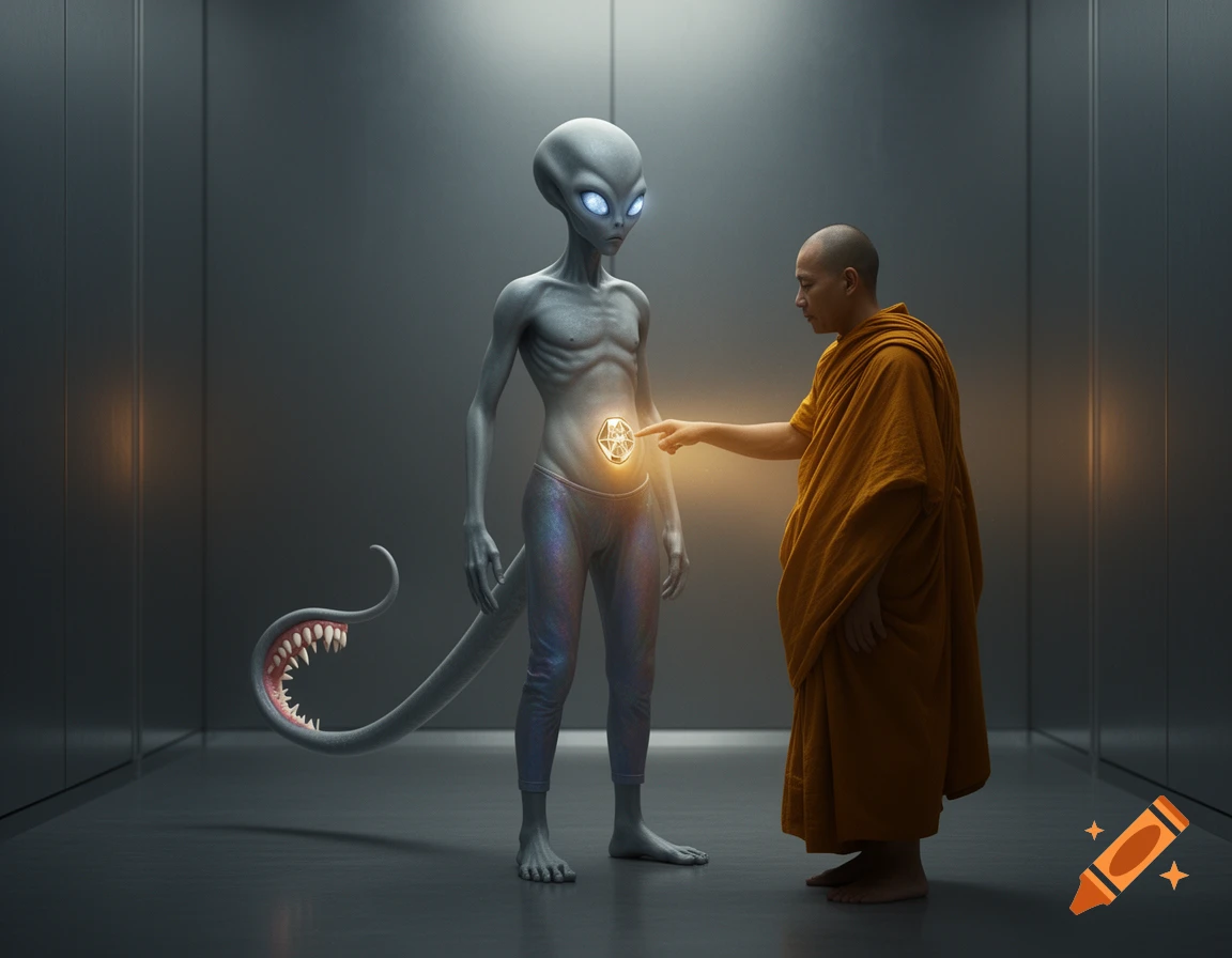 Photorealistic image of a Buddhist monk touching a glowing symbol on a grey alien's belly, alien has a sharp-toothed tail in a grey room.