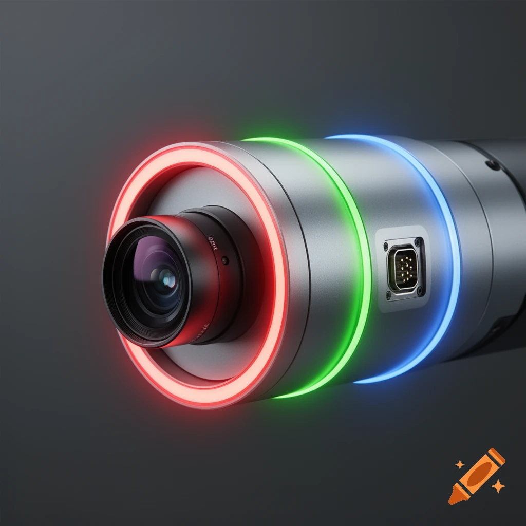 Photorealistic industrial camera with a telecentric lens and glowing red, green, and blue ring lights.