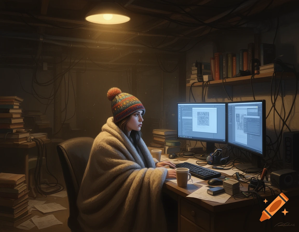 A person in a blanket and stocking cap works at a messy desk with two computer monitors in a dimly lit basement.