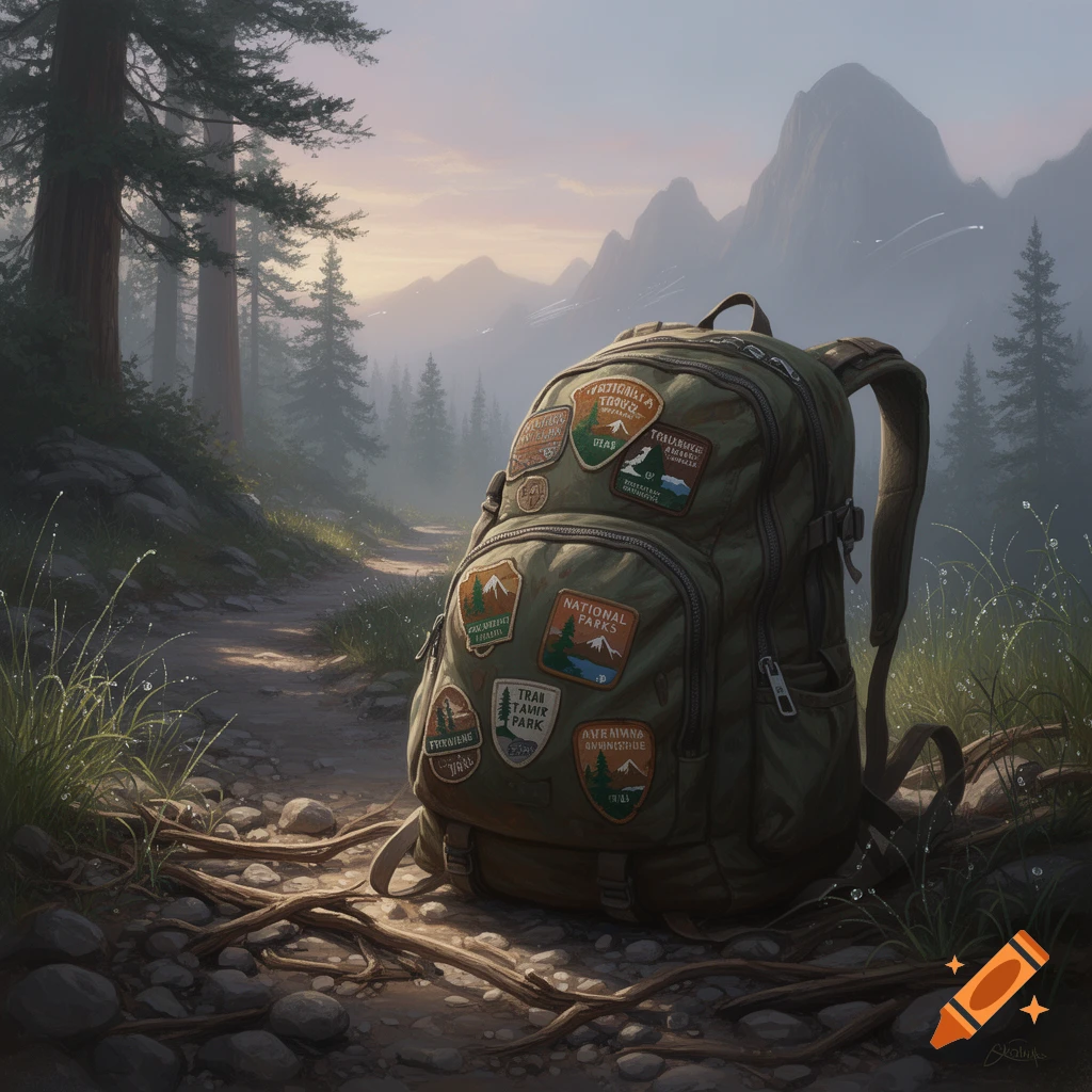 A well-worn hiking backpack covered in patches sits on a rocky forest path, with tall pine trees and misty mountains in the background.