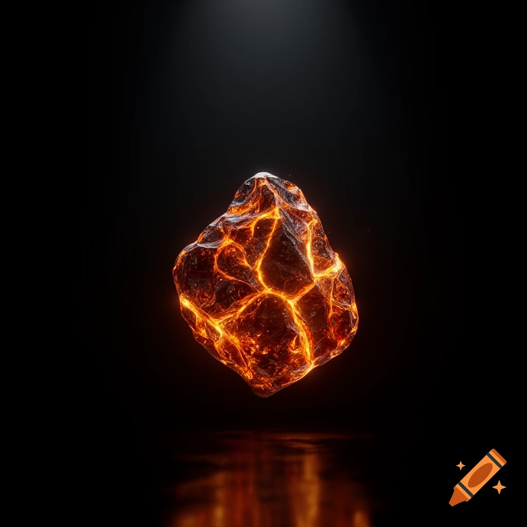 A glowing, cracked rock with molten orange lines floats in darkness, reflected on a dark surface, in a cinematic photoreal style.