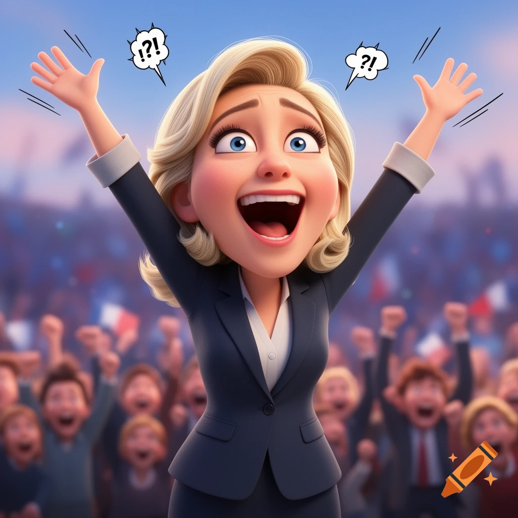 A blonde cartoon woman in a suit cheers excitedly with raised arms and open mouth, speech bubbles saying '?!' above her, in front of a cheering crowd in a 3D Pixar style.