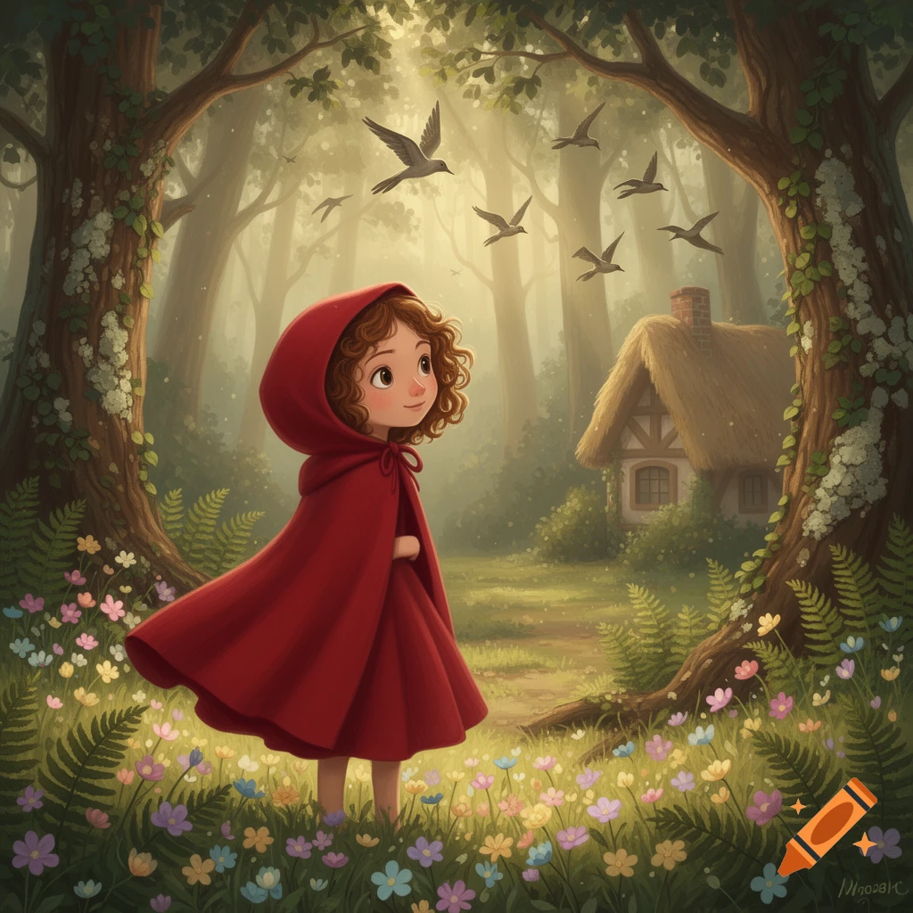 A stylized illustration of a young girl with curly hair wearing a red hooded cloak, standing in a sunlit forest clearing with colorful flowers. A small cottage is visible in the background, with birds flying overhead.