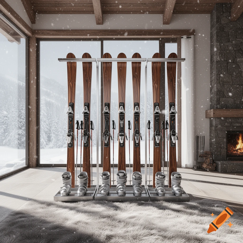 Five sets of wooden skis, poles, and boots on a rack in a modern ski lodge with a snowy mountain view and a fireplace.