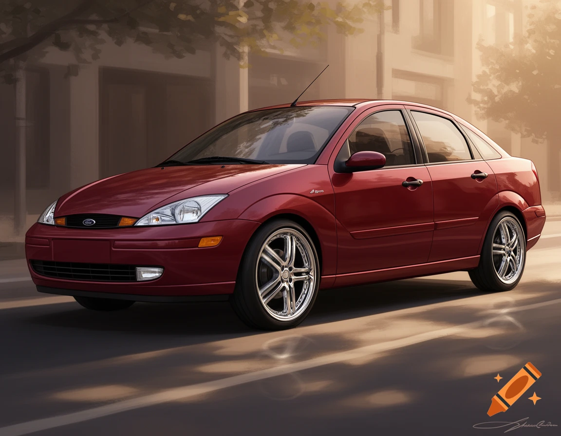 A dark red Ford Focus sedan with chrome rims parked on a city street under warm sunlight.