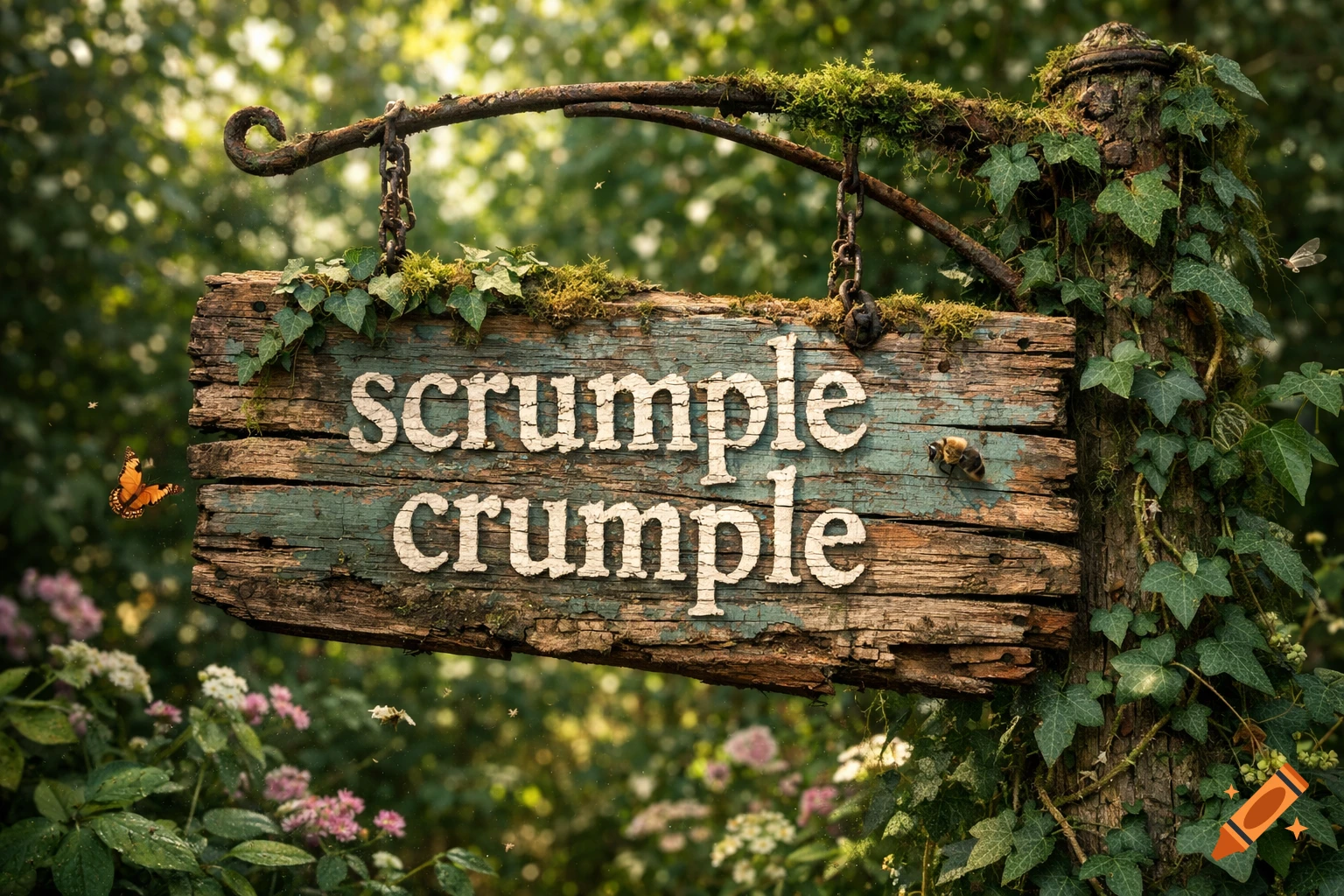 A rustic wooden sign with 'scrumple crumple' against a lush, sun-dappled forest background, adorned with ivy, moss, a butterfly, and a bee.