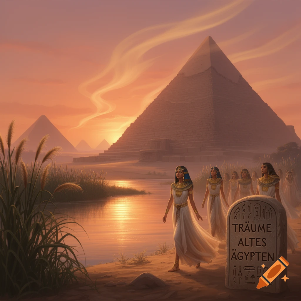 Women in ancient Egyptian attire walk along a river at sunset with pyramids in the background and a stone tablet.