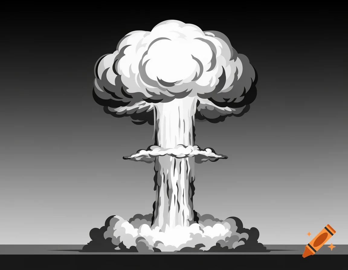A stylized black and white illustration of a mushroom cloud from an atomic explosion rising against a dark gray background.