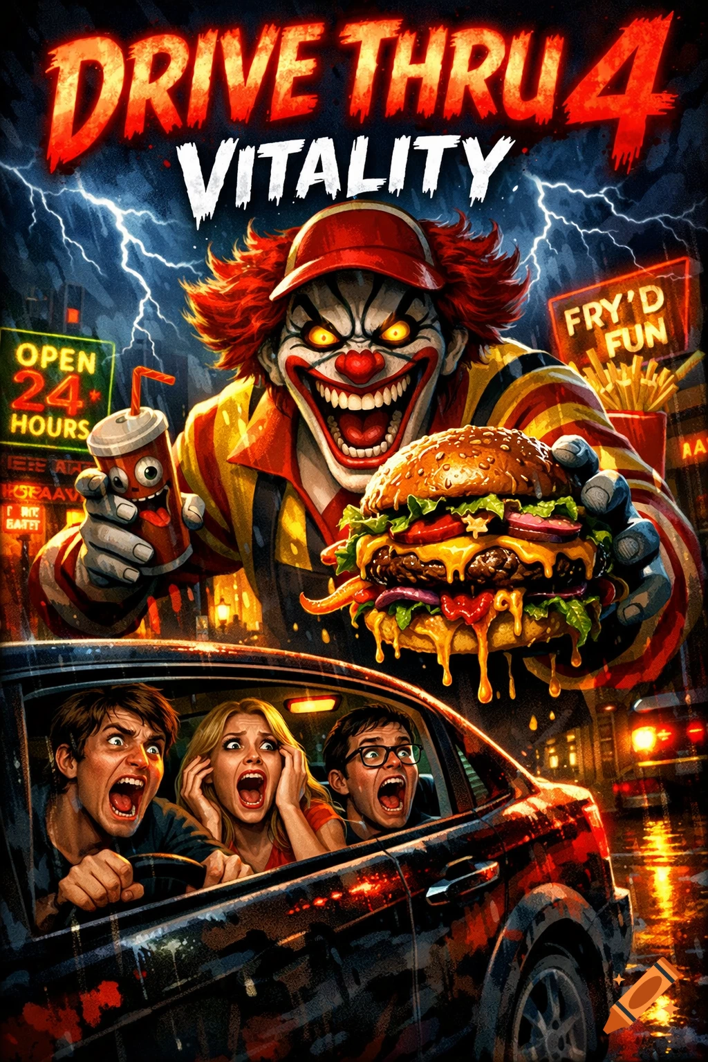A stylized horror movie poster titled 'DRIVE THRU 4 VITALITY' featuring a menacing clown holding a burger and soda, looming over screaming people in a car.
