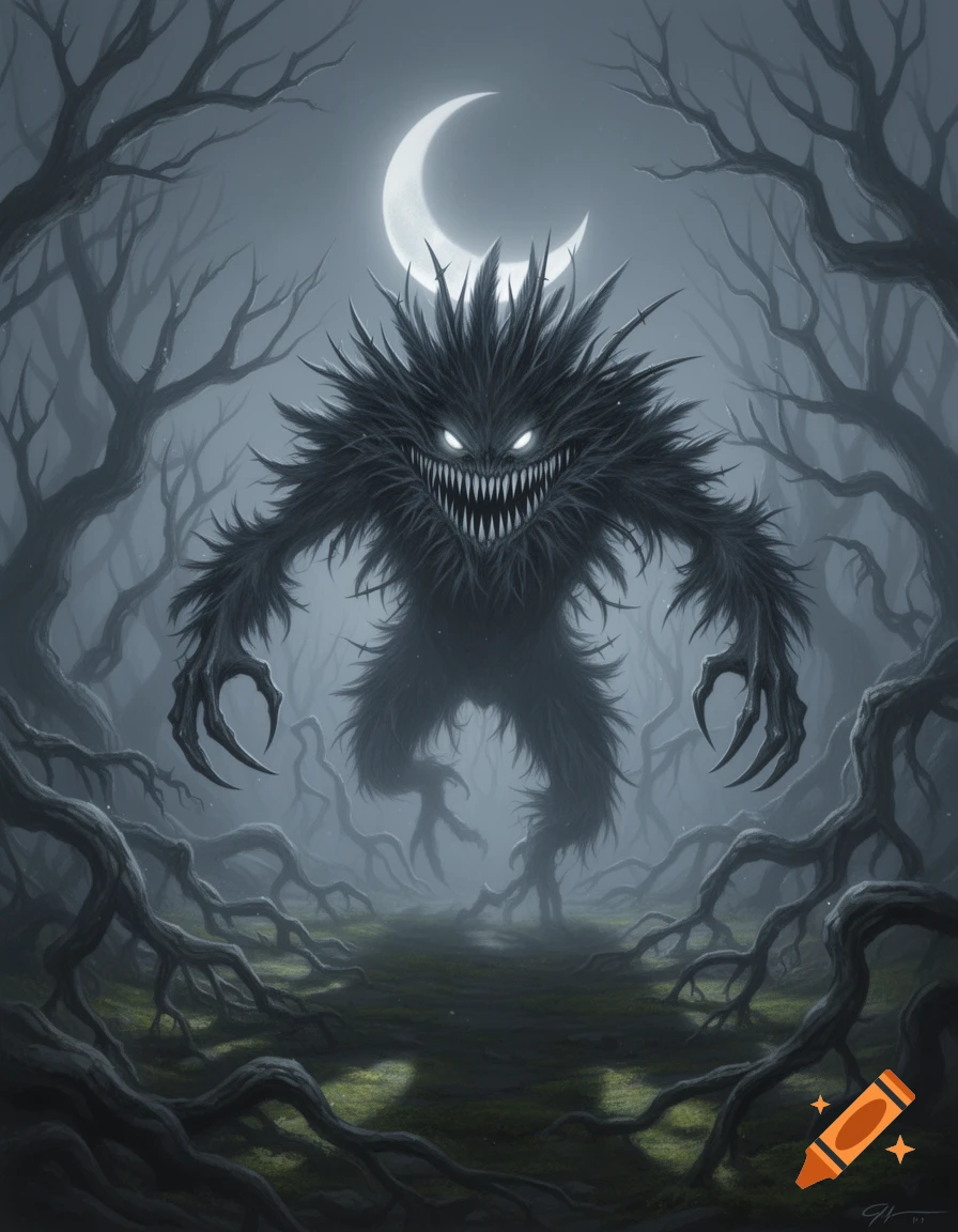 A fuzzy, spiky black monster with glowing eyes and sharp teeth stands ...