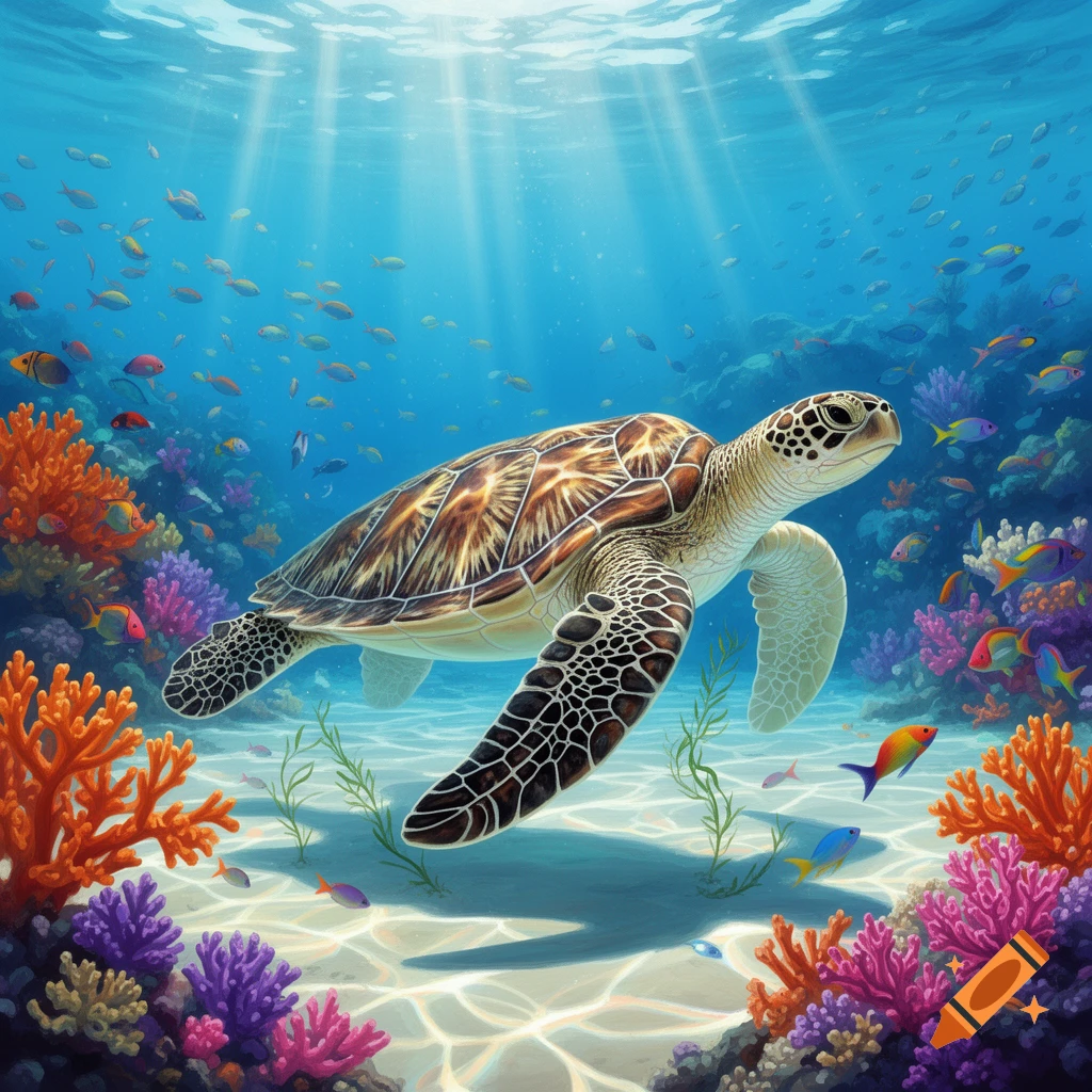 A sea turtle swims gracefully above a vibrant coral reef, surrounded by schools of colorful fish, with sun rays piercing the blue ocean surface.