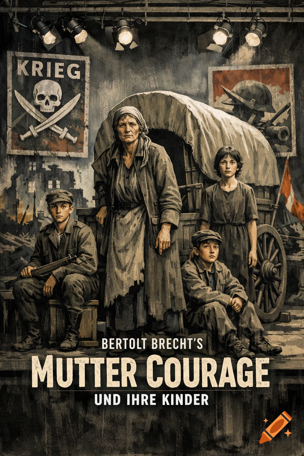 A distressed woman and three children stand before a covered wagon, with posters of war symbols and the title "Mutter Courage" behind them. Stylized illustration.