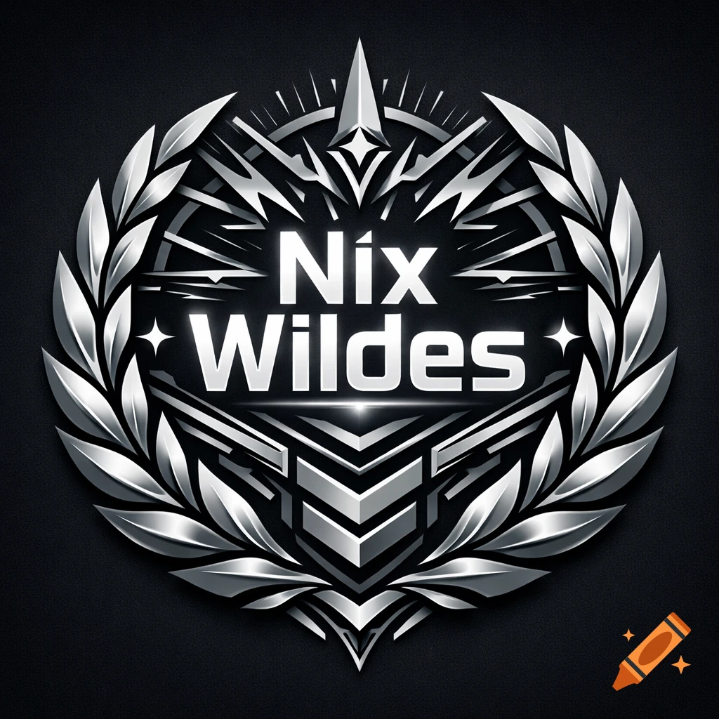 A silver metallic emblem featuring the text 'Nix Wildes' centered, surrounded by laurel wreaths and sharp geometric designs on a dark background.