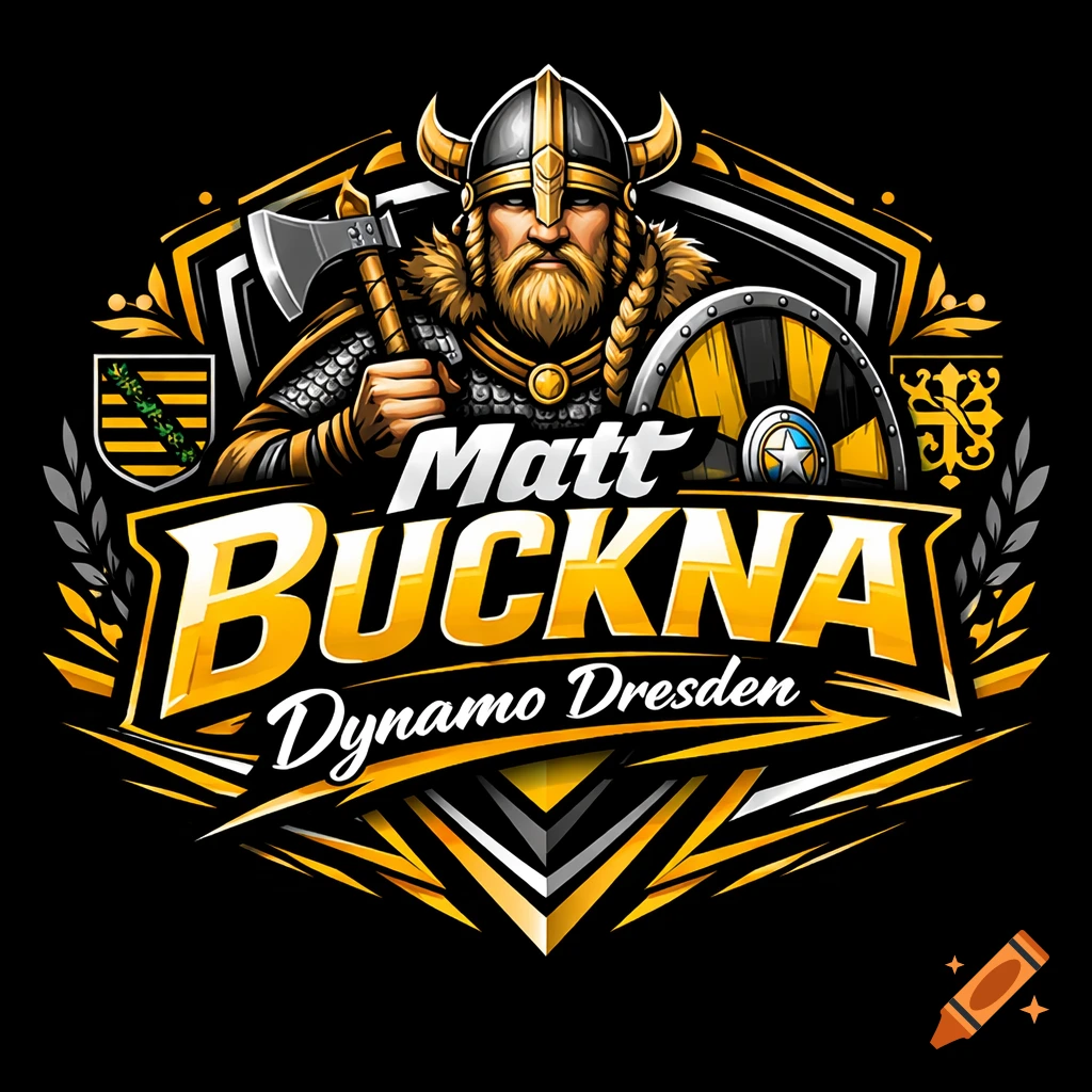 A stylized logo featuring a bearded viking warrior with a horned helmet, holding an axe and a shield, with text "Matt BUCKNA Dynamo Dresden" in gold and black against a dark background.