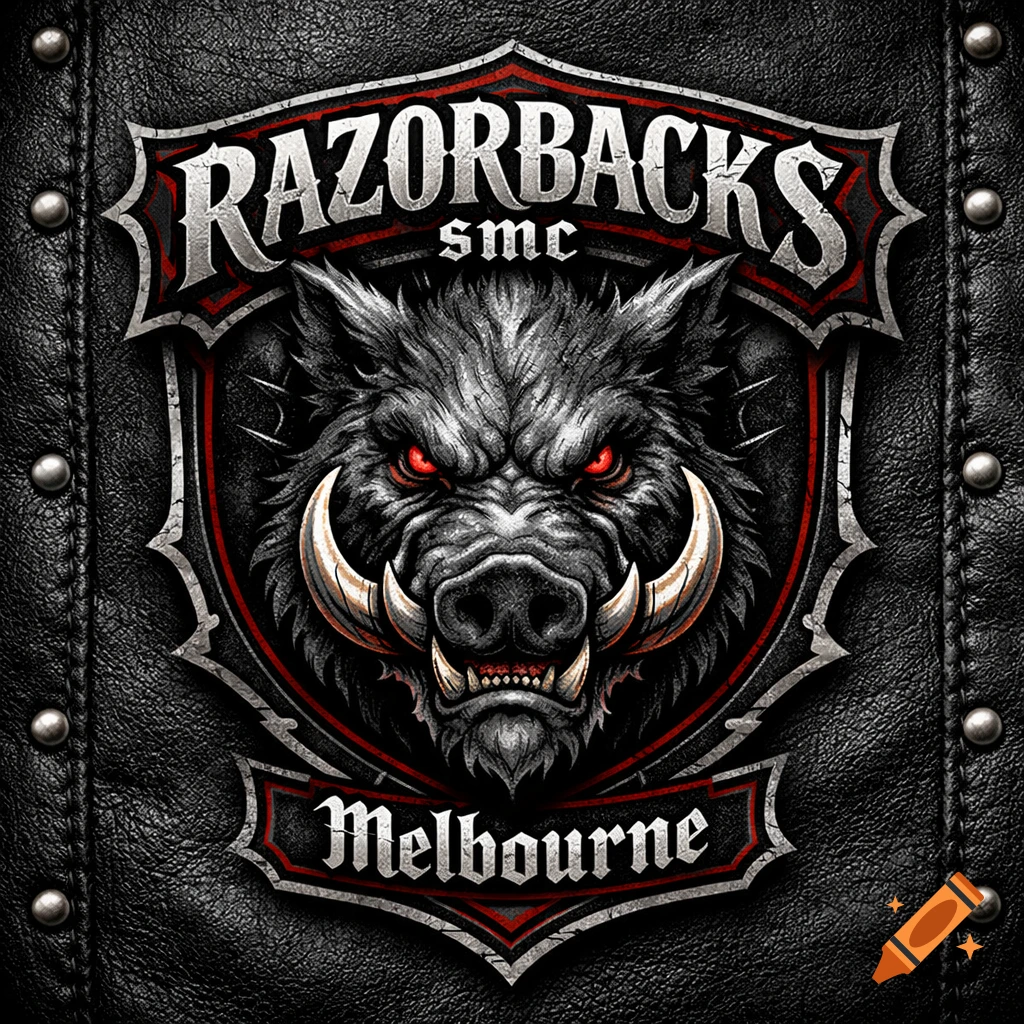 A detailed illustration of a fierce grey boar head with red eyes in a shield emblem on black leather. Text reads 'RAZORBACKS smc Melbourne'.