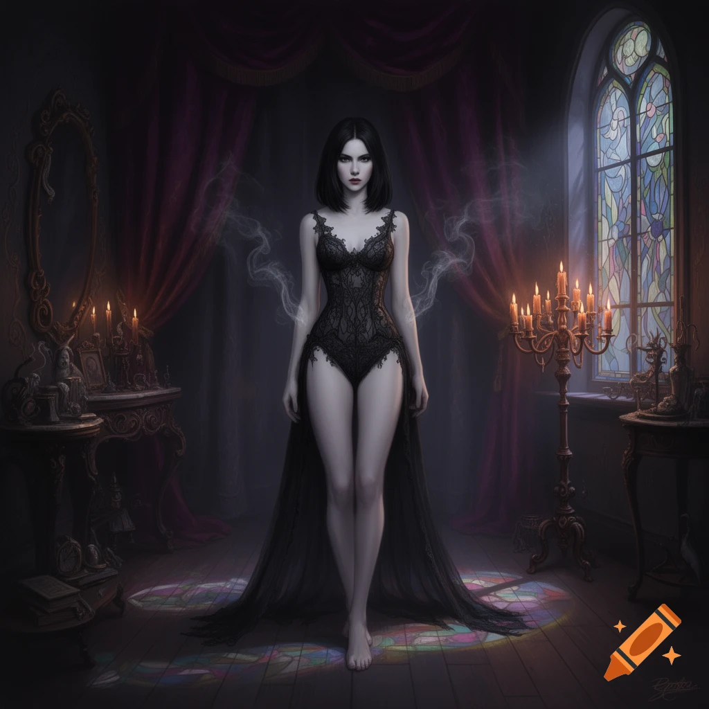 A pale woman with black hair in a black lace bodysuit stands in a dark, gothic room with stained glass.