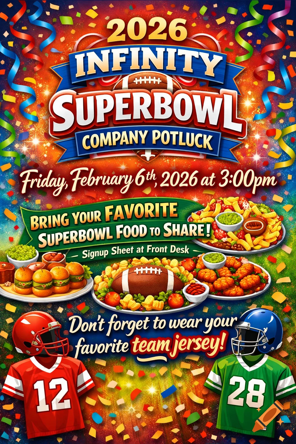 A colorful Super Bowl party invitation for 2026, featuring text, football helmets, jerseys, and various potluck dishes like sliders and snacks.
