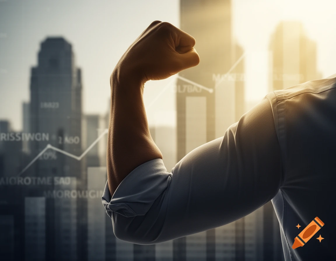 Close-up of a person's bicep flexing against a blurred city skyline and financial charts, symbolizing strength and business success.