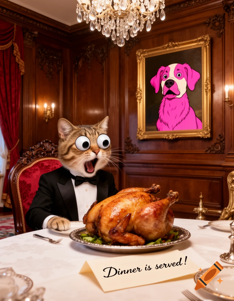 A googly-eyed cat in a tuxedo reacts to a cooked turkey at a formal dinner, with a 'Dinner is served!' card and a pink dog painting.