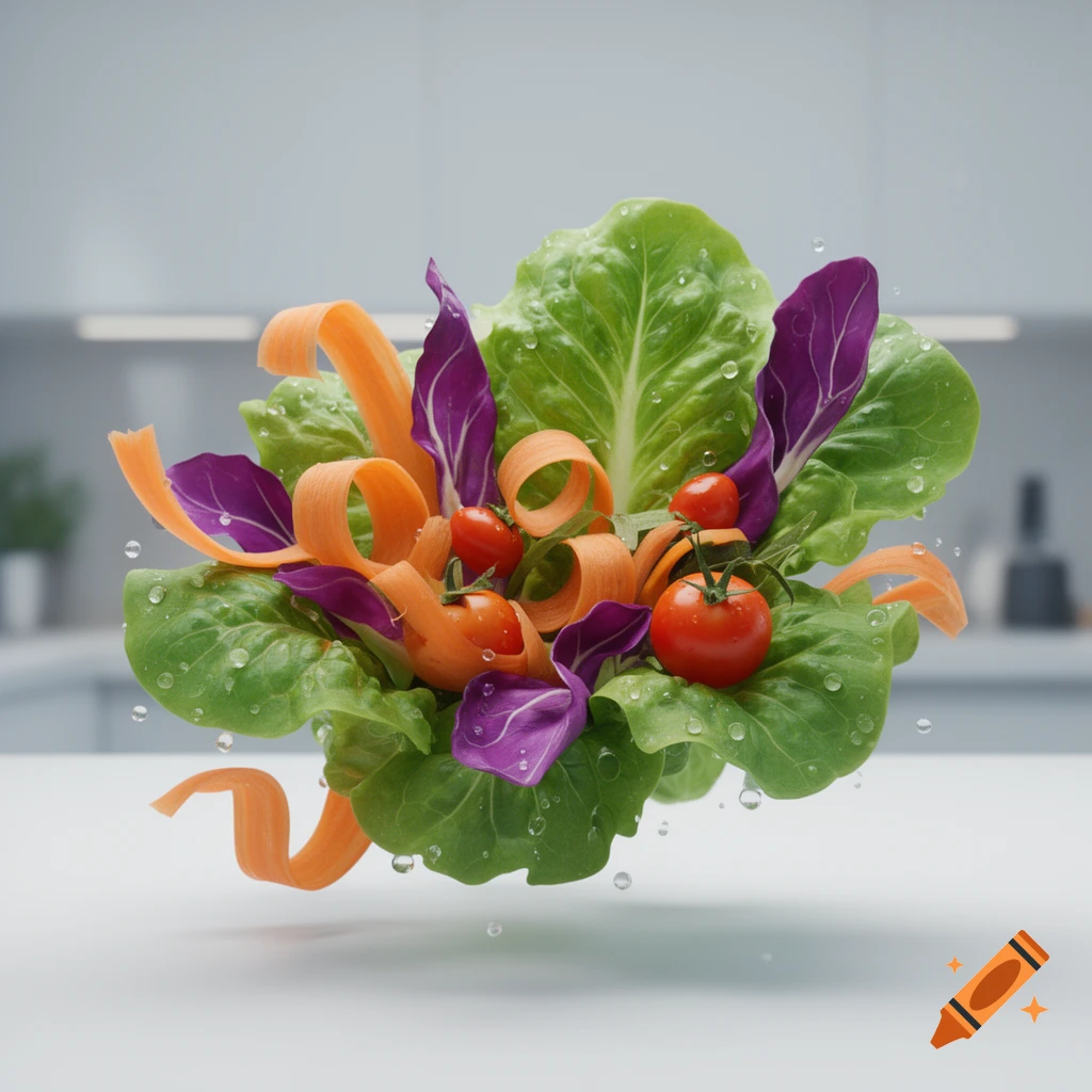 A floating, artfully arranged salad with vibrant green lettuce, purple cabbage, orange carrot ribbons, and red cherry tomatoes, all covered in water droplets, set against a blurred kitchen background.