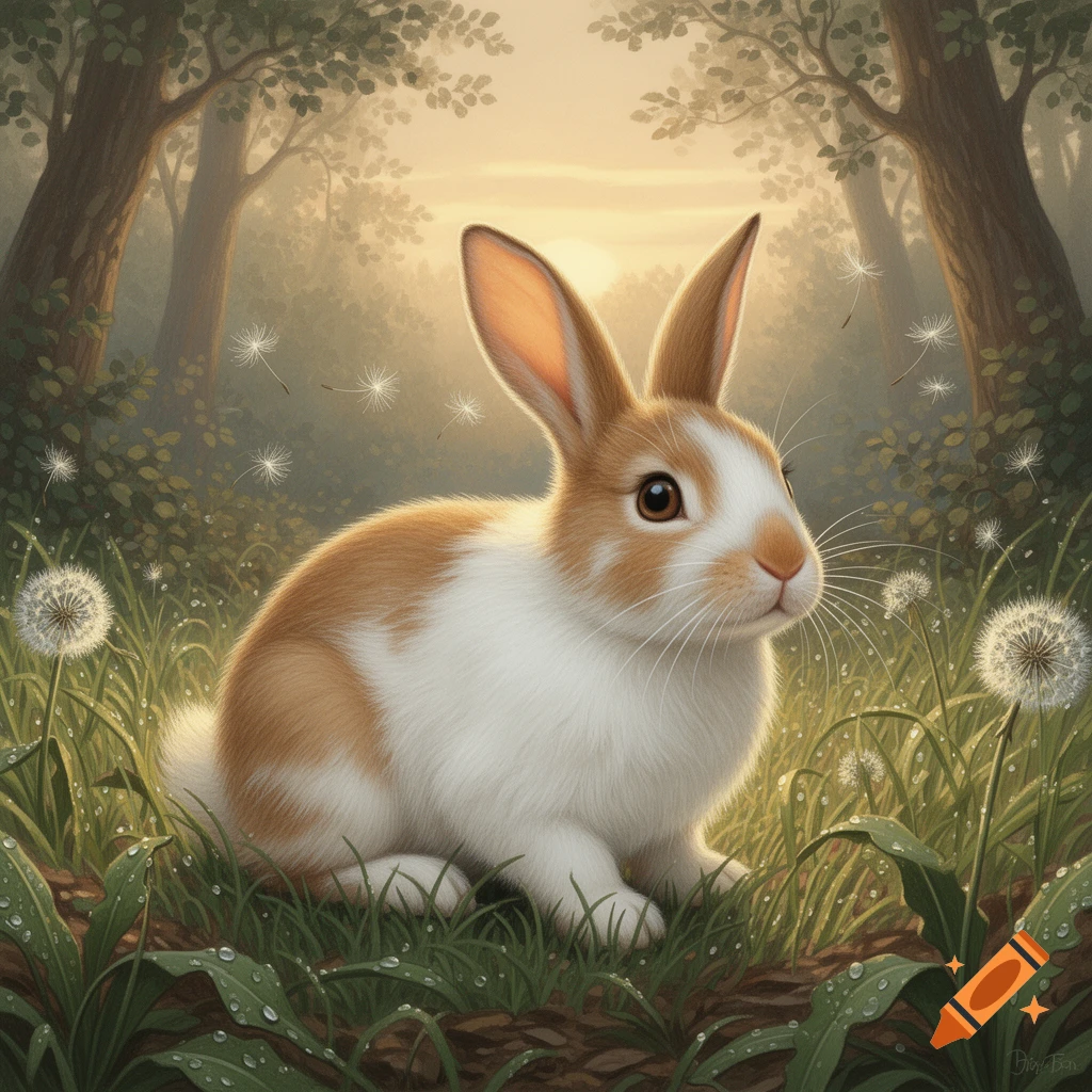 A fluffy brown and white rabbit sits in dewy green grass amidst dandelions in a sunlit forest, digital painting.