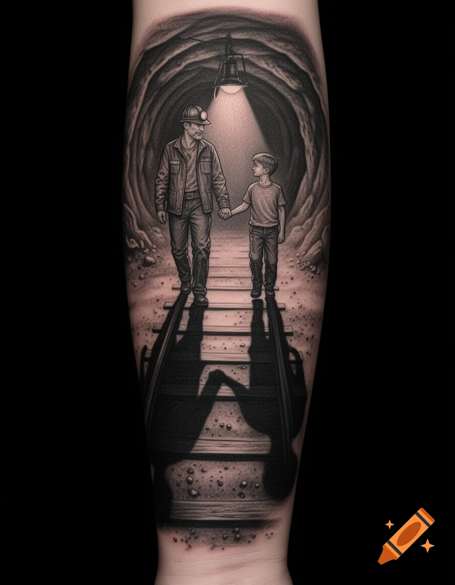 A realistic black and grey tattoo on an arm depicts a father and son walking hand in hand in a mine tunnel, their shadows reflecting reversed roles.