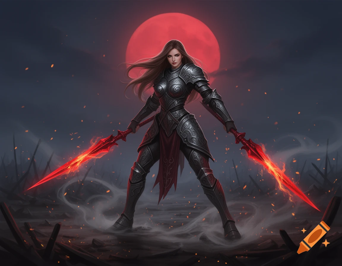 A fantasy female warrior in ornate armor dual-wielding glowing crimson ...
