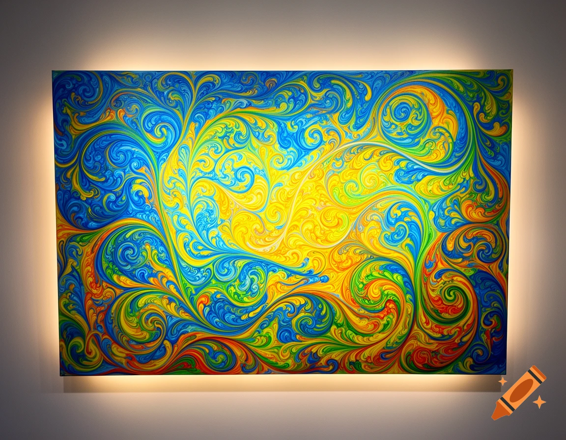 Vibrant abstract painting with intricate blue, yellow, green, and orange swirling patterns, illuminated on a wall.