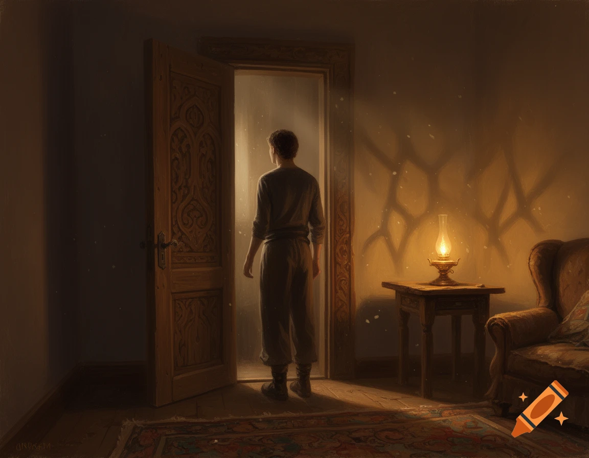 A person stands looking through an open, ornate wooden door into bright light. A lit oil lamp on a table illuminates a dimly lit room.