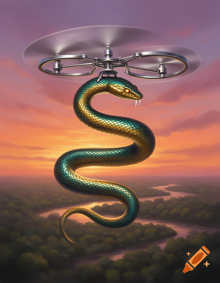 An iridescent green and gold snake flies like a helicopter against a vibrant sunset over a winding river and forest, in an illustrative style.