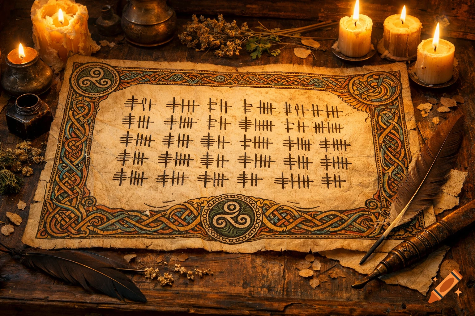 An old parchment with Ogham-like Celtic tally marks and knotwork, surrounded by lit candles, a quill, and an inkwell on a rustic wooden table.