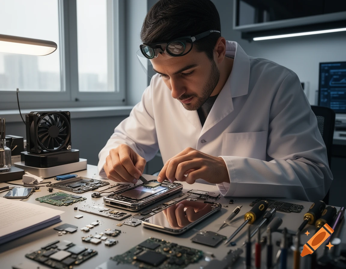 A man in a lab coat and magnifiers meticulously repairs a disassembled smartphone amidst tools and electronic components.
