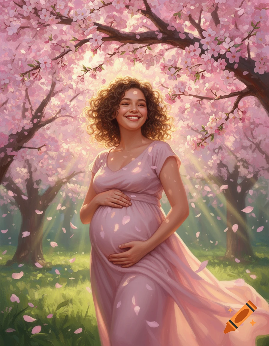 A smiling pregnant woman in a pink dress cradles her belly under blooming cherry blossom trees with falling petals in a sunlit digital illustration.