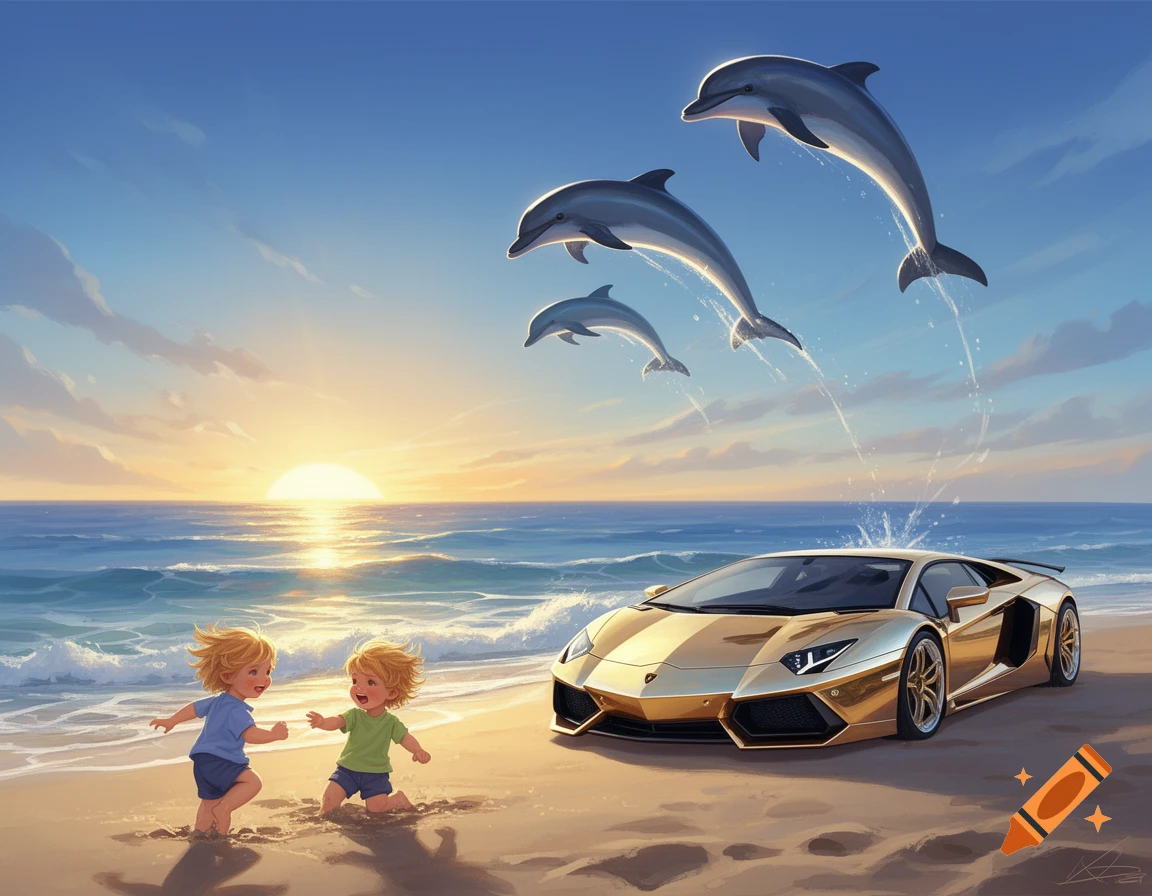 An illustration of two children playing on a sunny beach next to a golden Lamborghini, with three dolphins leaping from the ocean into the sky.