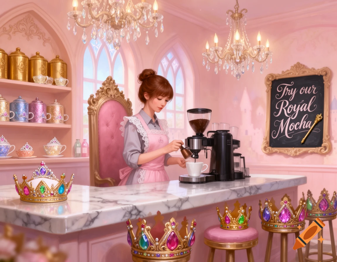 A barista makes coffee in a lavish, pink princess-themed coffee shop decorated with crowns and chandeliers.