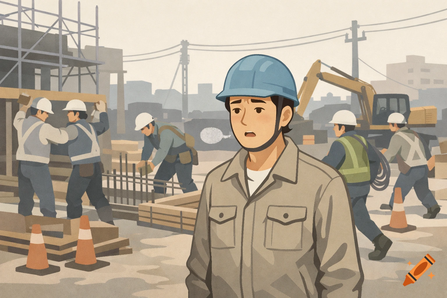 Illustration of a hesitant worker in a blue hard hat at a busy Japanese construction site with other workers and equipment.