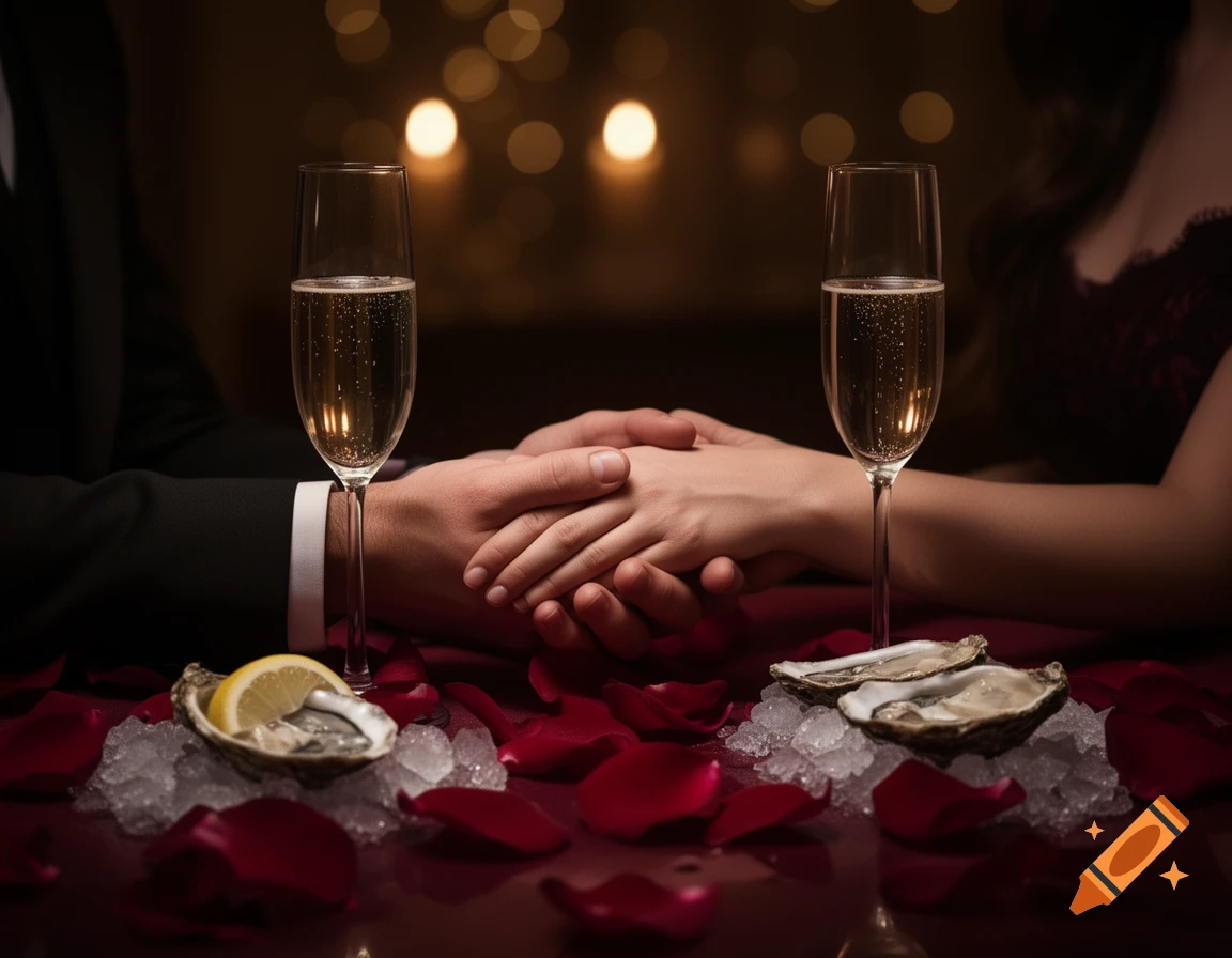 Close-up of a couple holding hands at a romantic dinner table with champagne flutes, oysters, and red rose petals in a low-light setting.