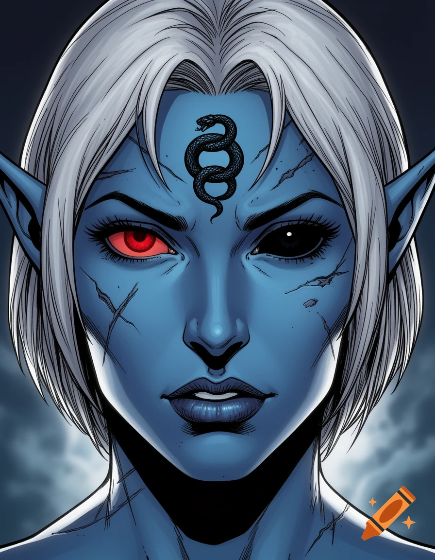 Comic style close-up of a blue-skinned elf with white hair, one red eye, one black eye, scars, and a snake tattoo on her forehead.