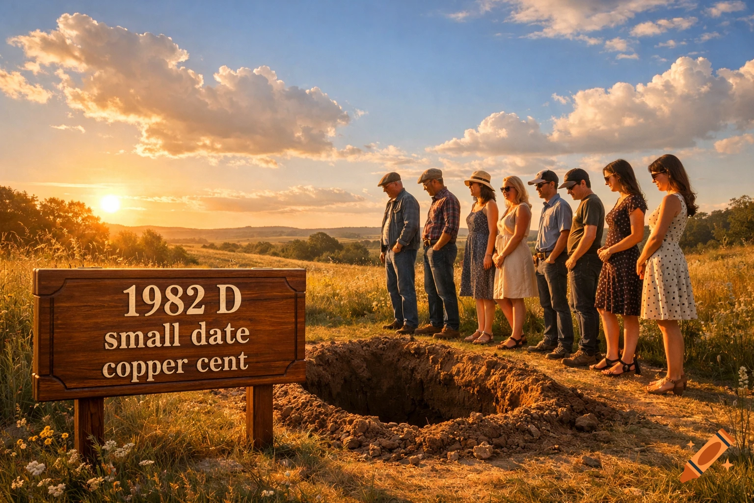 A line of people stands solemnly beside a freshly dug grave and a wooden sign, as the sun sets over a field.