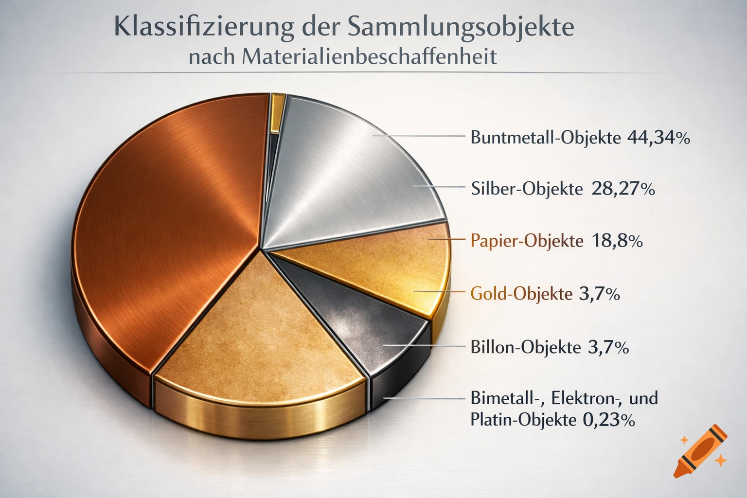 3D-rendered pie chart titled "Klassifizierung der Sammlungsobjekte nach Materialienbeschaffenheit" with metallic and paper segments.