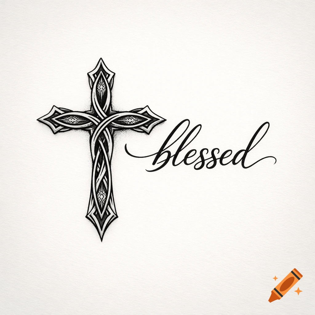 A detailed, ornate cross with the word 'blessed' in elegant cursive script beside it, on a white background, in a tattoo design style.