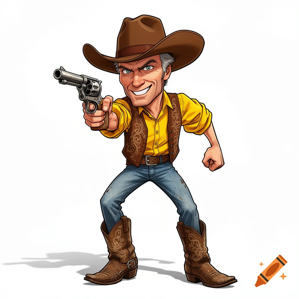 A cartoonish cowboy resembling Clint Eastwood, wearing a brown hat, yellow shirt, and brown vest, points a gun directly forward. White background.