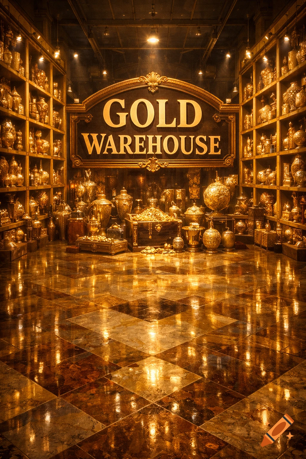 A luxurious gold warehouse filled with ornate golden treasures and a sign reading 'GOLD WAREHOUSE', reflecting on a polished tiled floor.