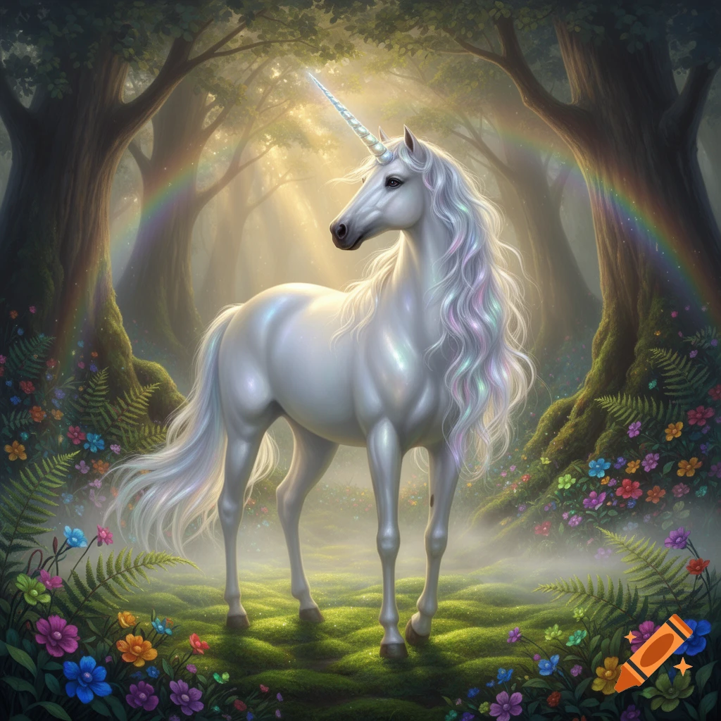 A majestic white unicorn with an iridescent mane stands in a sunlit magical forest, surrounded by vibrant flowers and a rainbow.