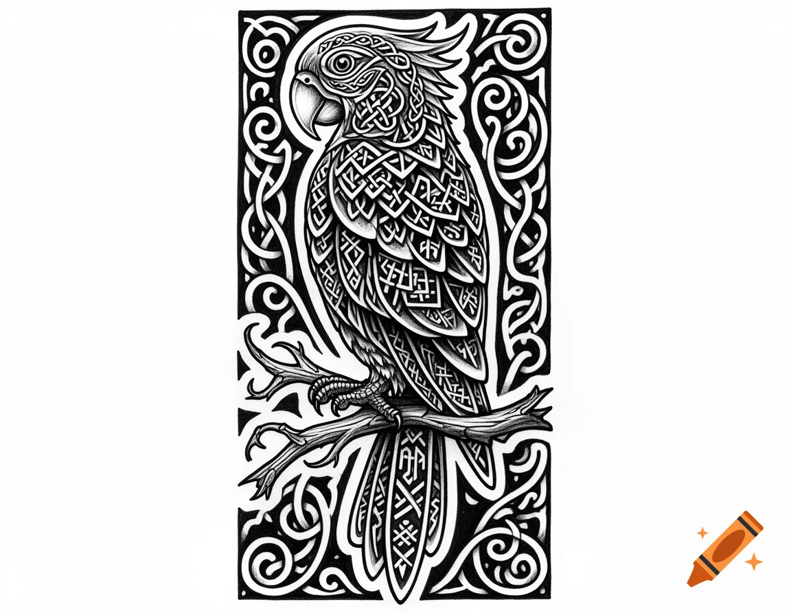 A black and white tattoo-style drawing of a parrot perched on a branch, adorned with intricate Scandinavian knotwork patterns.